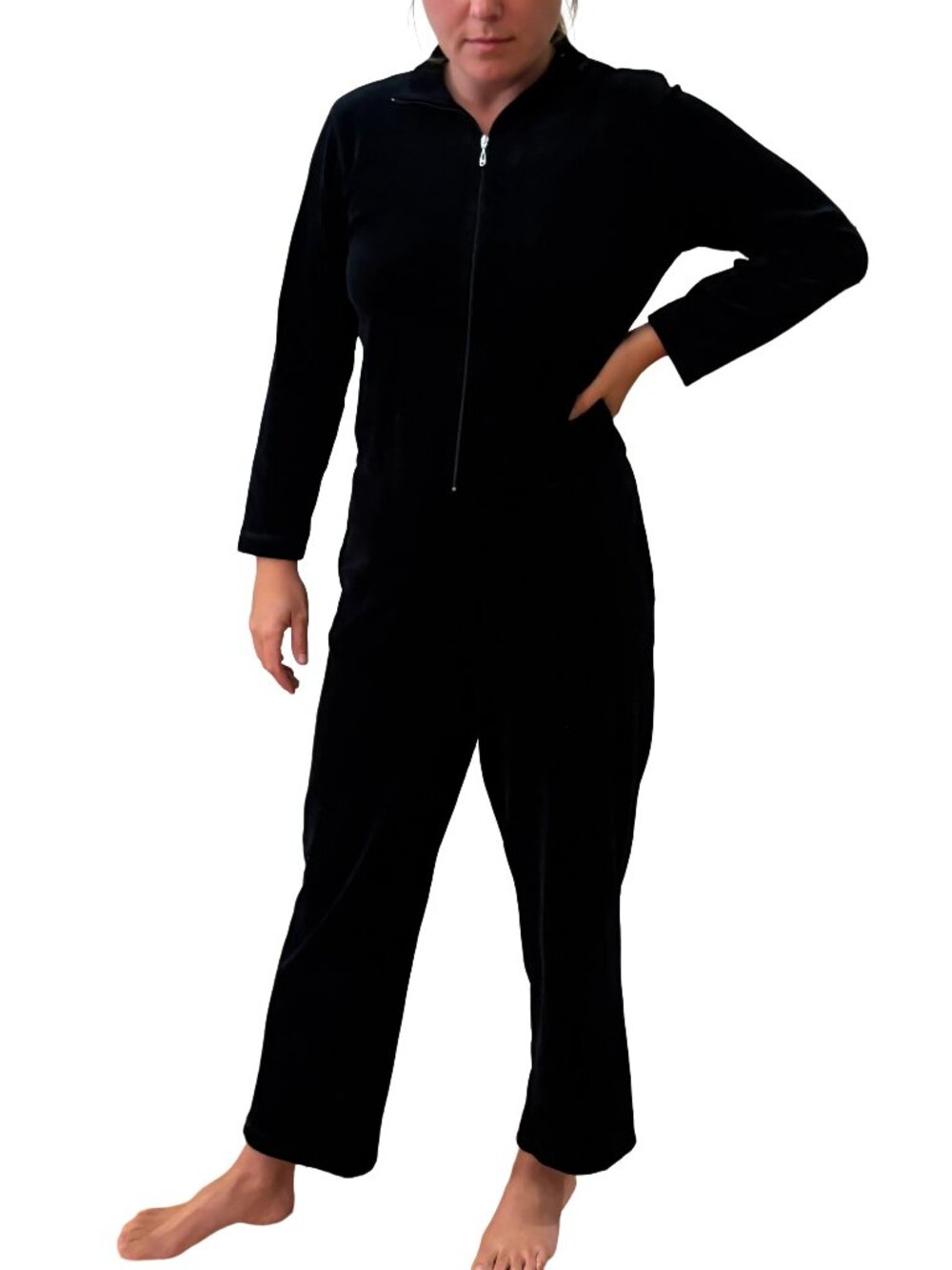 Nordstrom Black Velour Velvet Jumpsuit M Zip Front One Piece Lounge Long Sleeve